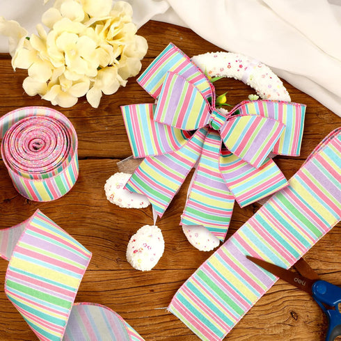 2 Rolls 20 Yards Spring Pastel Wired Edge Ribbon Easter Canvas Ribbon Horizontal Stripe Wired Ribbon Decorative Ribbon Easter Craft Ribbon for Wra...