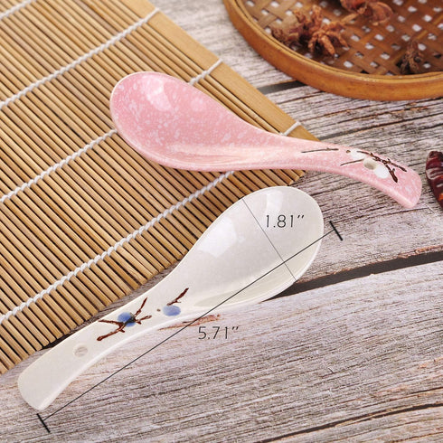 VanEnjoy Set of 4 Chinese/Japanese Ceramic Soup Spoons, Pink Cherry Blossom in Snow Pattern Ceramic Spoon Suitable for Soup...