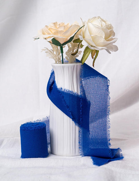 Chiffon Ribbon, Royal Blue Graduation Ribbons, 1.5''x21Yards Handmade Frayed Fringe Silk Ribbon for Gift Wrapping, Floral Vase Decoration, Mother'...
