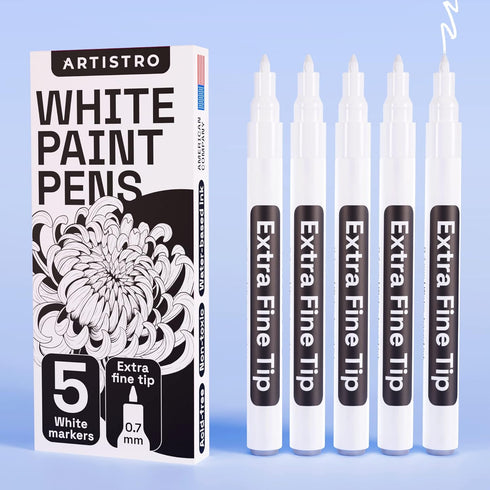 ARTISTRO White Paint Pen for Rock Painting, Stone, Ceramic, Glass, Wood, Tire, Fabric, Metal, Canvas. Set of 5 Acrylic Paint White Marker Water-ba...