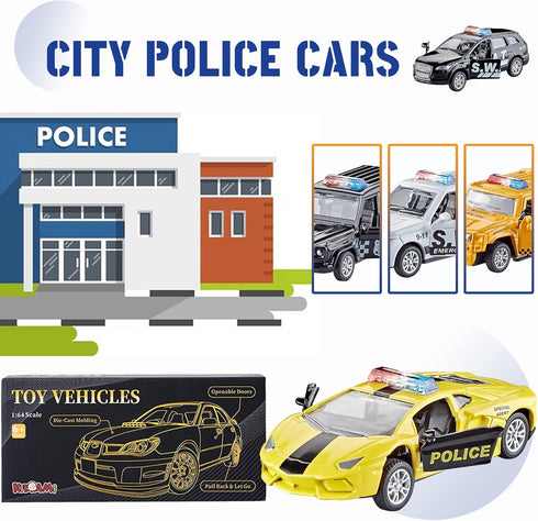 Die Cast Metal Little Toy Cars Set of 5, Openable Doors Pull Back Car Gift Pack for Kids (Police car)...