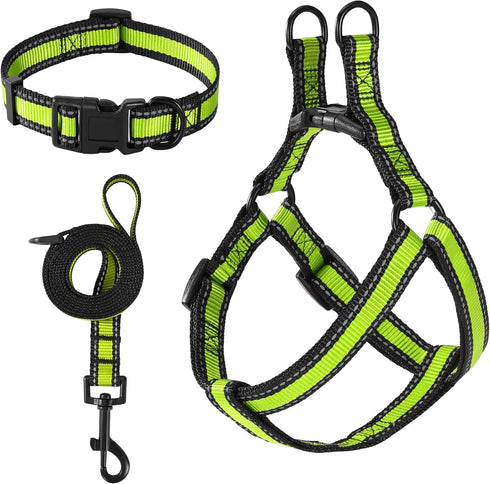Mile High Life Night Reflective Double Adjustable Band Nylon Small Puppy Pet Dog Combo Collar Leash and Harness Set (Reflective Edge Lime Green, M...