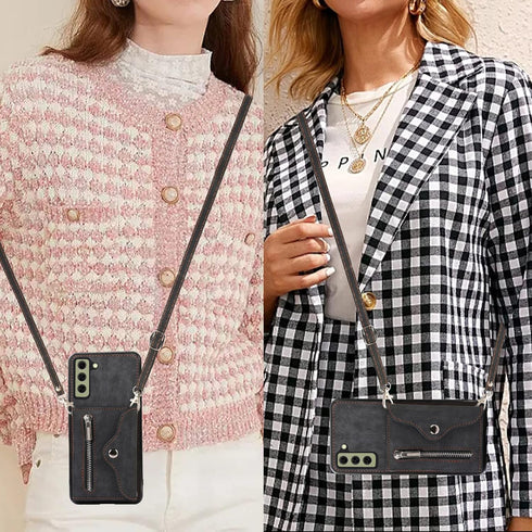 Phone Case for Samsung Galaxy S21 FE 5G Wallet Cover with Tempered Glass Screen Protector Wrist Crossbody Strap Lanyard Credit Card Holder Stand L...