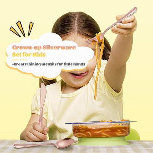 12-Piece Copper Kids Silverware, E-far Stainless Steel Toddler Kids Utensils Safe for Preschooler/Children, Includes 4 Forks 4 Spoons 4 Knife, Sli...