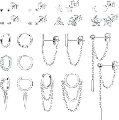 Sanfenly 14 Pairs Studs Earrings and Hoops Set Silver Gold Plated Dangle Chain Earrings Mini Ball CZ Moon Star Flower Studs Huggie Hoop Earring fo...
