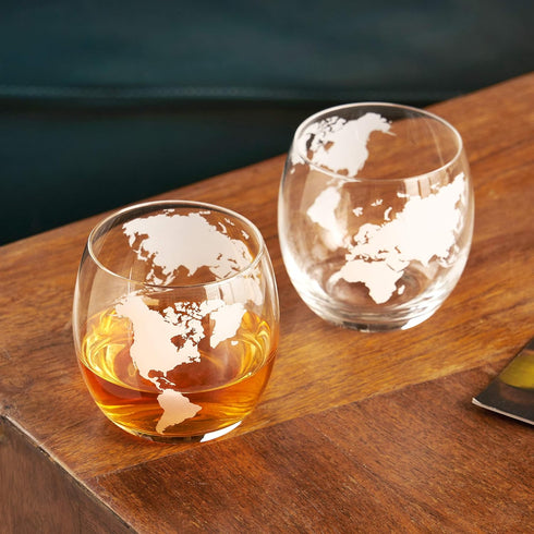 Viski Globe Glass Whiskey Tumblers, Etched Glass Whiskey Enthusiast Gift and Glassware Accessory, 10 oz, Set of 2...