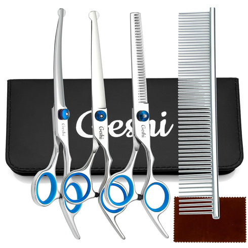 Geshi Dog Grooming Scissors Set Grooming Thinning Cut Curved Scissors Kit Sharp and Durable Titanium Coated Professional Kit Pet Scissors for Cats...