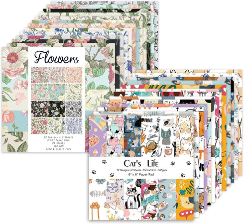 48 Sheets 24 Designs Scrapbook Paper Pad, 6"×6" Single-Sided Decopodge Craft Paper,Cardstock Paper,Scrapbooking DIY Decorative Background Cardmaki...