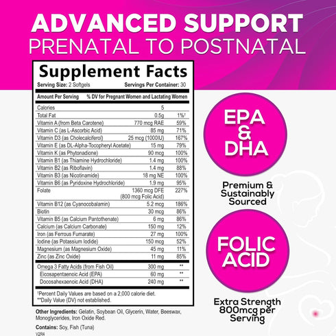 Women's Prenatal Multivitamin with Folic Acid + DHA, Prenatal Vitamin Supplement for Fetal Support w/ Folate, Omega 3, Vitamins D3, B6, B12 & Iron...