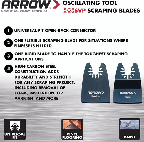 Arrow OSCSVP-2 High Carbon Steel Oscillating Tool Scraping Blades for Vinyl Flooring, Carpet, Caulk, Sealant, and Paint, Universal, Fits Most Mult...