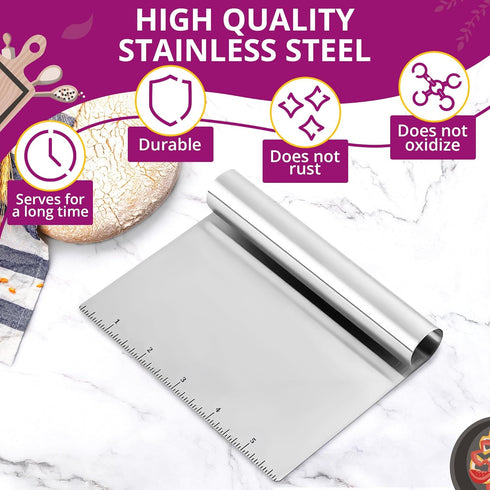 Bench Scraper Kitchen – Multipurpose Pastry Scraper Tool with Measuring Scale, Pizza & Bread Dough Cutter Tool, Stainless Steel Build – Rust-Resis...