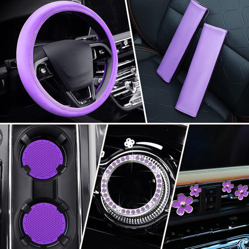 10 Pcs Leather Steering Wheel Cover for Women Cute Car Accessories Set with Seat Belt Shoulder Pads Seatbelt Covers Cup Holders Bling Start Button...