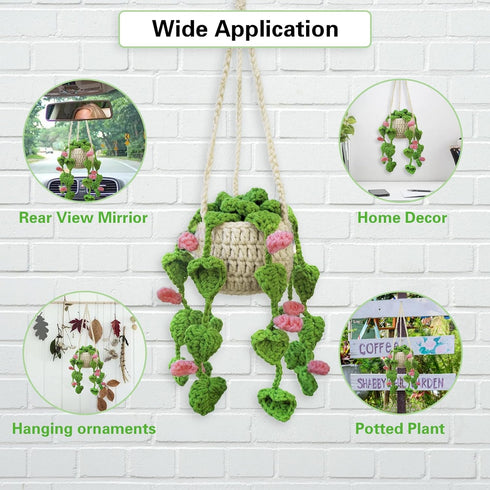 Crochet Hanging Plant for Car Cute Potted Plants Crochet Decor Car Mirror Hanging Accessories Rear View Ornament Hanging Boho Handmade Knitted Pen...