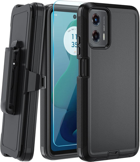 for Moto G 5G 2024/ Moto G Play 5G 2024 Case, with Belt Clip,Tempered Glass Screen Protector, Heavy Duty Shockproof Drop Protective Rugged Tough D...