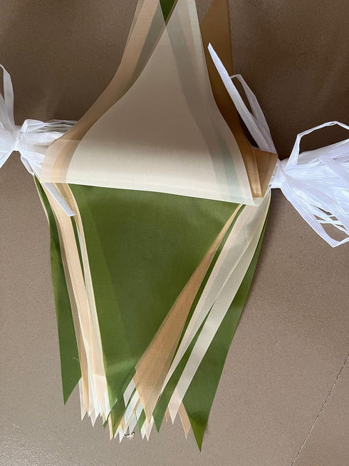 32 Meters 105ft Olive Green Tan Brown Beige Party Bunting Banner Cream Ivory Fabric Pennant Champagne Khaki Triangle Flags, Neutral Decorations fo...