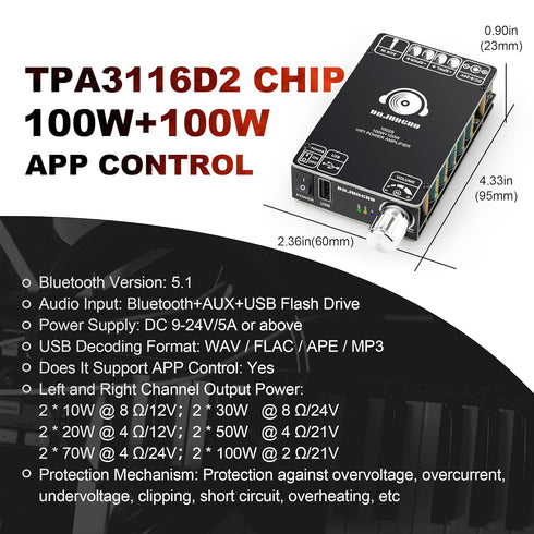 DAJUNGUO 1002S 2.0 Bluetooth Amplifier Board with Dual TPA3116D2 Chips, 100W+100W Power Output, Wide Voltage Range of 9-24V DC, Bluetooth/USB/3.5m...