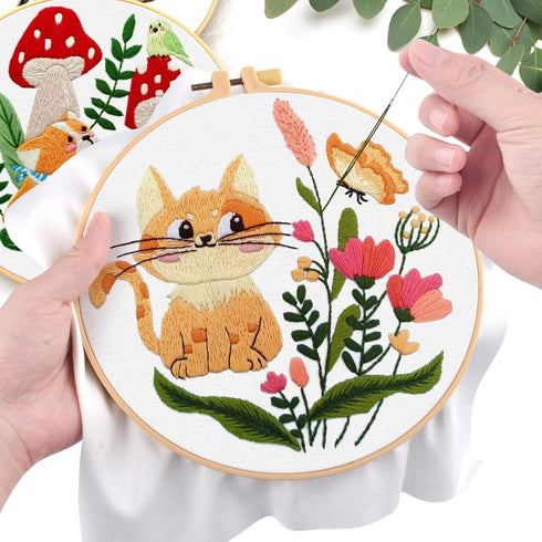 ERKOON 5 Set Embroidery Kit for Beginners, Cats and Dogs Embroidery Sarter kit, Animal Embroidery set for Adult Kids, DIY Cross Stitch Kits with P...