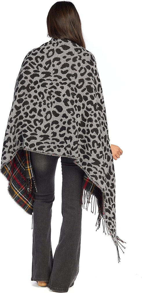 Mud Pie Reversible Tartan and Leopard Womens Scarf Wrap, One Size, Green...