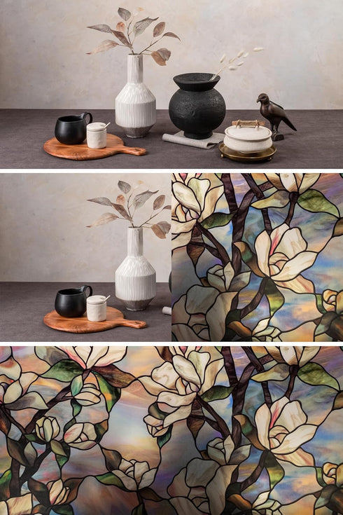 Artscape Star Magnolia | Window Privacy Film Stained Glass Pattern| Non-Adhesive & UV Protection | Easy to Apply & Removable | 24 x 36 inches | Ma...