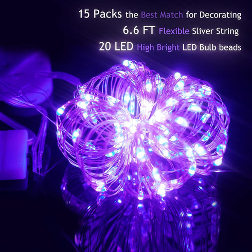 15 Packs 20 Led Purple Fairy Lights Battery Operated 6.6ft Silver String Lights Waterproof Firefly Starry Light for DIY Table Centerpieces Wedding...