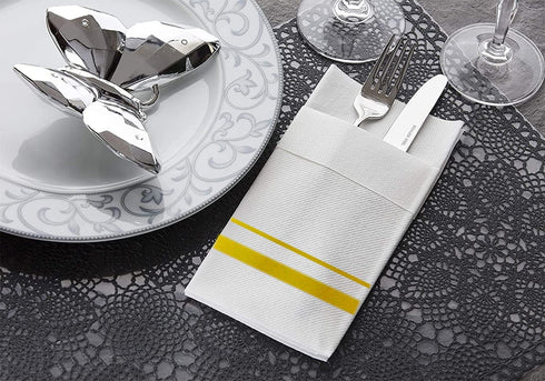 Disposable Dinner Napkins Cloth Like with Built-in Flatware Pocket,Wedding Party Linen Feel White and Golden Napkin, Prefolded for Silverware, 50 ...