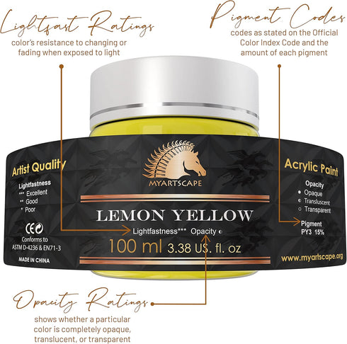MyArtscape Lemon Yellow Acrylic Paint - 100ml Bottle (3.38 fl oz) - Artist Quality - Lightfast - Heavy Body - Rich Pigment - Great Tinting Strengt...