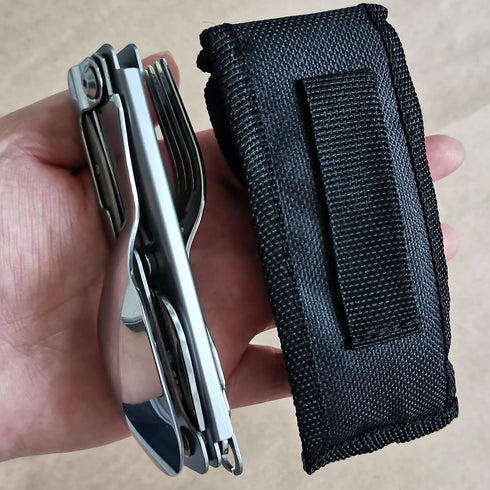 6-in-1 Detachable Camping Utensil, Stainless Steel Cutlery Folding Spoon, Fork, Knife, Wine Bottle Opener Can Opener Portable Combo Set for Campin...