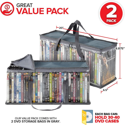 Stock Your Home DVD Storage Bags (Set of 2) Media Organizer Bag for DVDs, CDs, Blu Ray Disc, Movie Cases, VHS Box, Video Game Disks, Clear Plastic...