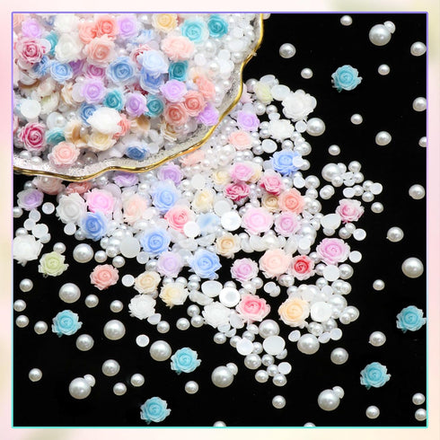 600Pcs Flower Nail Charms and Flatback Pearls,Mixed Size 3D Rose Flowers Nail Charms for Acrylic Nail Supplies Design,White Half Pearls for Nail J...