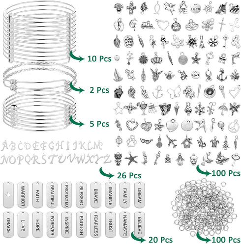 363 Pcs Silver Expandable Bangle Bracelets Charm Bracelets DIY Kit, 17 Pcs Adjustable Wire Bangles, 146 Pcs Charms Pendants, 200 Pcs Open Jump Rin...