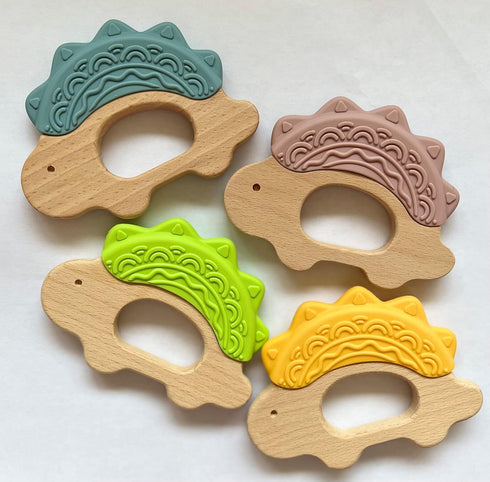 Mostara Dinosaur Baby Teether Ring for 3+ Months, Non-Toxic BPA Free Food Grade Silicone and Beech Wood, Baby Tested for Easy Grip and Soothing Te...