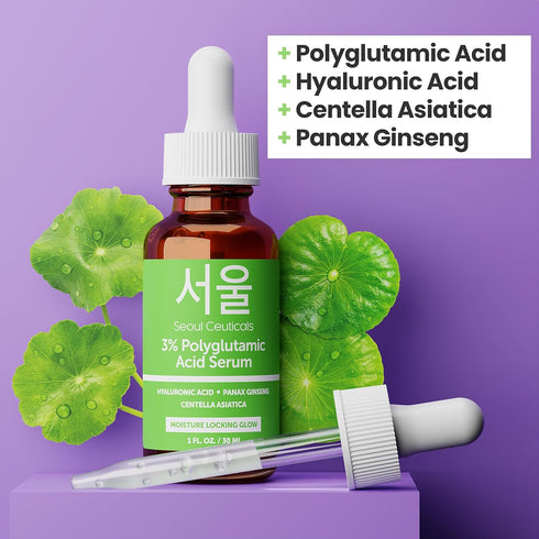 SeoulCeuticals Organic Polyglutamic Acid Serum - Korean Skin Care + Hyaluronic Acid + Centella Asiatica - K Beauty Anti Aging - Healthy Glowing Sk...