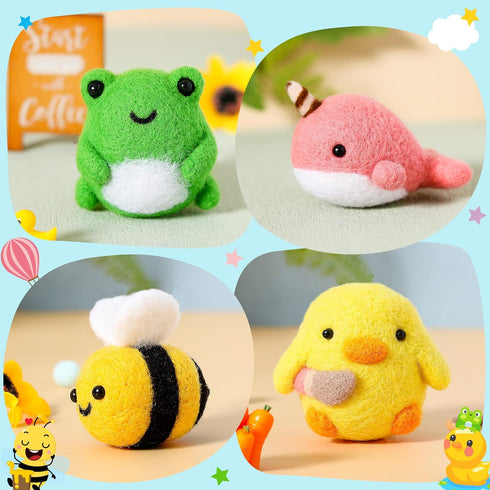 WATINC Set of 4 Cute Animal Needle Felting Starter Kit Frog Chick Bee Narwhal Animal Doll Wool Felting Tools Felt Needles Foam Mat DIY Needlework ...