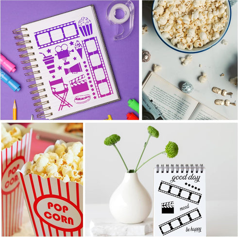 BENECREAT Movie Projector Pattern Stainless Steel Stencils, 5.5x7.5inch Movie Tape Popcorn Ice Cream Pattern Painting Template Journal Tool for Wo...