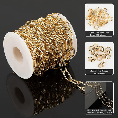 16.4 Feet Aluminum Oval Light Gold Chains for Jewelry Making Unwelded Paperclip Link Cable Chain Roll Necklace Chains Bulk with Lobster Clasps and...