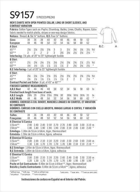 Simplicity Sewing Pattern S9157 - Men's Open Pointed Collar Shirts, Size: AA (34-36-38-40-42)...