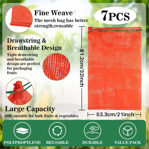 Sukh 7 Pcs Large Mesh Produce Bags - 60lbs Mesh Vegetable Bags Reusable Washable Mesh Storage Bag Breathable Produce Bags Onion Storage With Draws...
