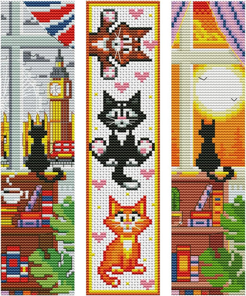 3 PCS Cross Stitch Bookmark Kit,Stamped Bookmarks Cross Stitch Kits for Adults Beginners,DIY Embroidery Bookmarks Cross Stitch Kits,14CT(Cats)...