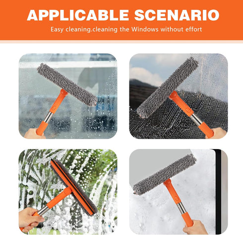 12.0" Window Squeegee for Car,2 in 1 Squeegee Window Cleaner with Long Stainless Steel Handle,Chenille Cloth Car Window Squeegee for Gas Station, ...