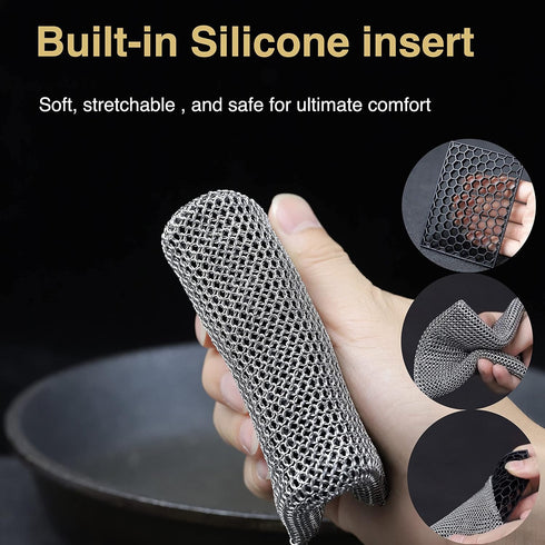 Cast Iron Cleaner Chainmail Scrubber -Fine Ring- 316 Stainless Steel Scrubbing Sponge Skillet – Dish Scrubber - Built-in Silicone with Welded Ring...