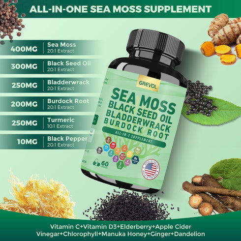 Organic Sea Moss Supplement, Sea Moss 8000mg Black Seed Oil 6000mg Bladderwrack 5000mg Burdock 4000mg Turmeric VC D3 Elderberry ACV Black Pepper C...