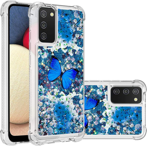 for Samsung Galaxy A02S Case with Tempered Glass Screen Protector,Glitter Bling Flowing Liquid Sparkle Women Girls Soft TPU Shockproof Protective ...