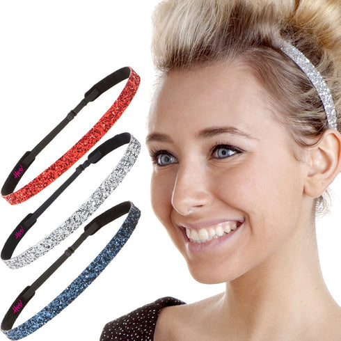 Hipsy Women's Adjustable NO SLIP Bling Glitter Headband Mixed Pack (Red/Silver/Navy)...