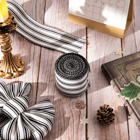 Whaline 2 Rolls Christmas Black White Wired Edge Ribbon Christmas White Black Striped Fabric Ribbon Farmhouse Craft Ribbon for Christmas DIY Gift ...