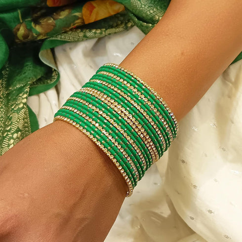Efulgenz Indian Bangles for Women Indian Bangle Set Rhinestone CZ Plain Metal Bracelet Bangle Jewelry for Women (Green, 2-6)...