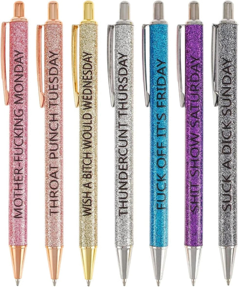 Jxueych 7 Pcs Funny Ballpoint Pen Set Gift for Coworker, Days of The Week Daily Glitter Pen, Black Ink Medium Point 1.0 Mm Smooth Writing...