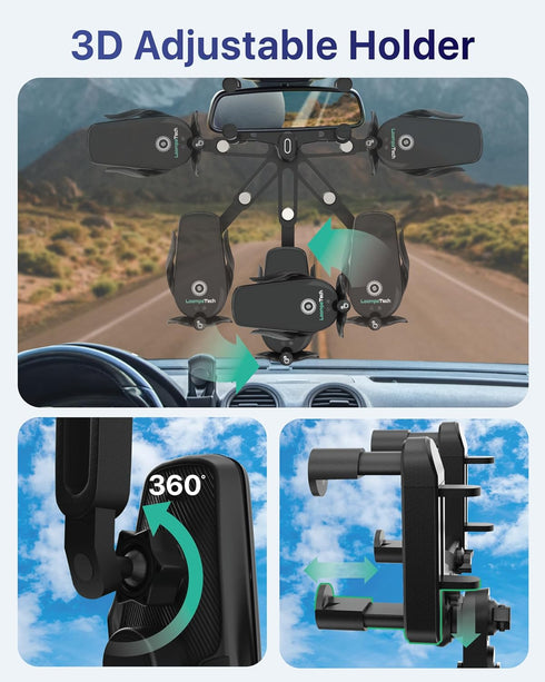 2in1 Rear View Mirror Phone Holder + Wireless Car Charger 360 Rearview Mirror Phone Mount w/Automatic Clamping and Release, Rotatable & Retractabl...