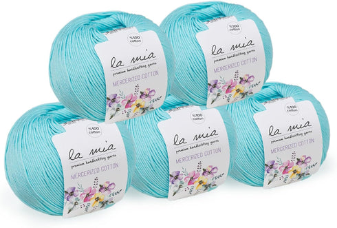 5 Ball 100% Mercerized Cotton Total 8.8 Oz. Each 1.76 Oz (50g) / 147 Yrds (135m) Super Soft, Dk Light Baby Yarn, Light Blue - 123...