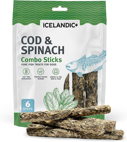 Icelandic+ Combo Sticks: Cod & Spinach - 2oz - Dog Treats, Crunchy 2 Ingredient Pet Snacks, Preservative Free, Wild Caught Fish, Slow Baked, Natur...