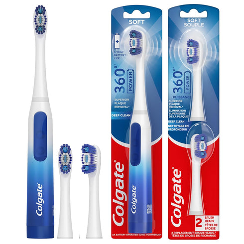 Colgate 360 Floss Tip Sonic Powered Battery Toothbrush, 2 Pack with Floss Tip Refill Heads...
